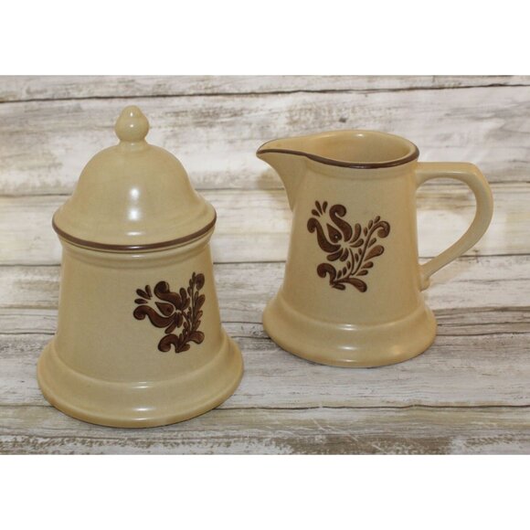 Pfaltzgraff Village Creamer 6-24 and Sugar 6-22 Set, Beige With Brown Designs - Picture 1 of 7
